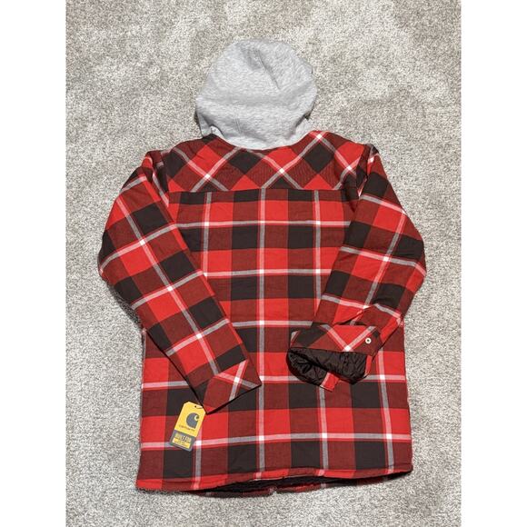 Boy's Youth XL Carhartt Sherpa Lined Snap Front Plaid Flannel Hooded Jacket NEW - Picture 6 of 6